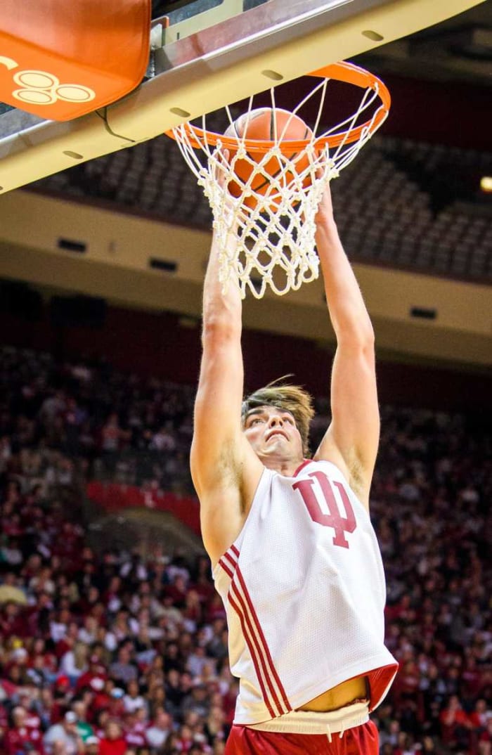Trey Galloway shows off his dunking skills to the crowd at Hoosier Hysteria.
